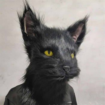 Λατέξ μάσκα γάτας με μαλακή κεφαλή-κάλυμμα, γάντια και μανίκια με ουρά για σκηνική χρήση