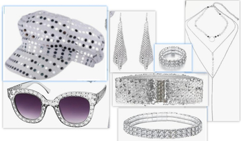 Σετ προβών ντίσκο για τα 70–80s: παγιέτες, οκταγωνικό καπέλο, γυαλιά, γεωμετρικά σκουλαρίκια από κράμα αλουμινίου; ύφασμα