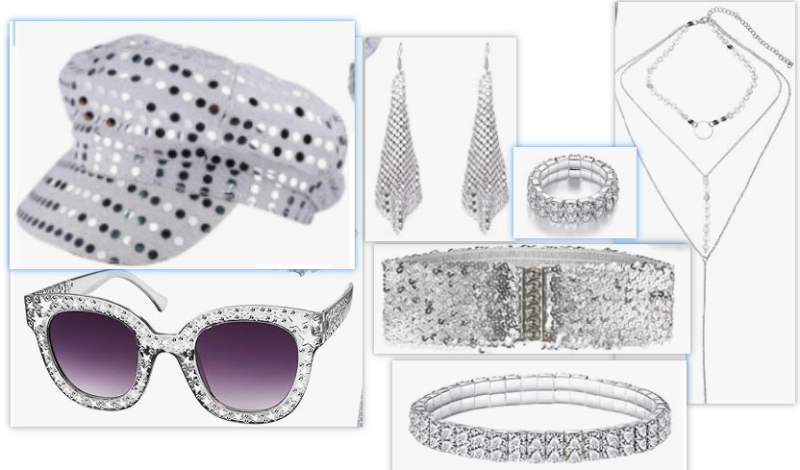 Диско реквизит за 70–те и 80-те години: пайети, октагонална шапка, очила, геометрични обеци от алуминиева сплав; плат