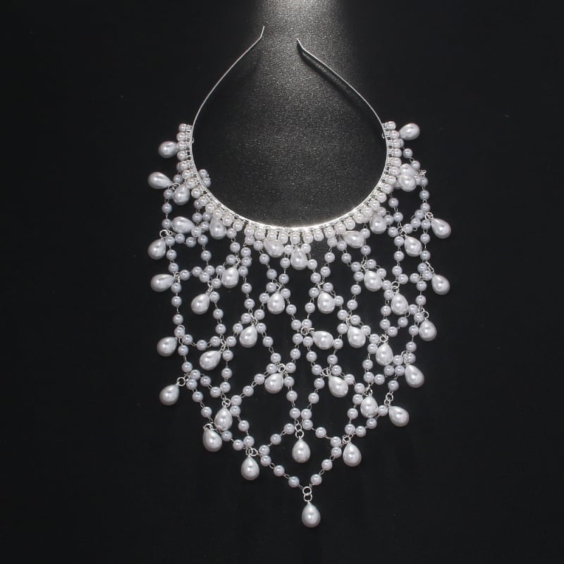 Перлена лента за коса с пискюли – елегантна сватбена украса за глава; Материал: Перли; Стил: Мода; Обработка: Електропласиране; Опаковка: Индивидуално пакетирано