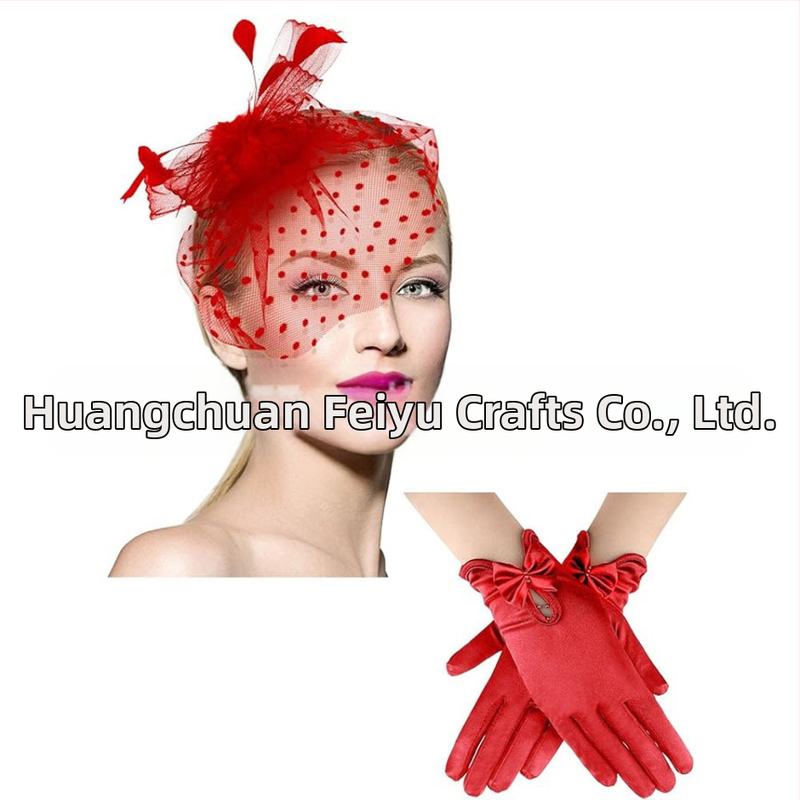 Дамски комплект за глава от мрежа с пера и дантелени ръкавици — ръчна изработка, артикул WEN7-30, индивидуално опаковано