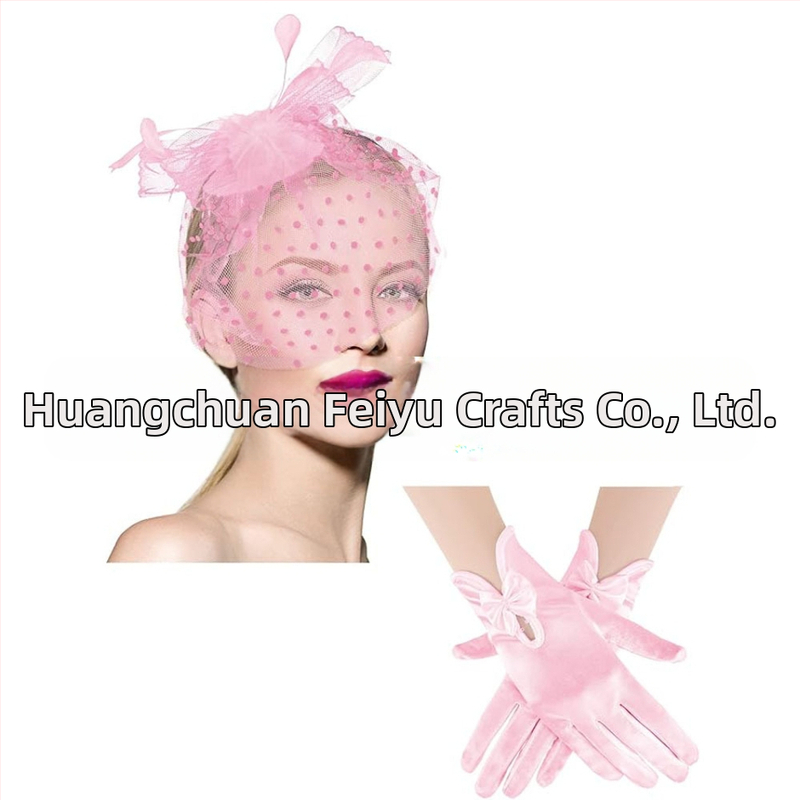 Дамски комплект за глава от мрежа с пера и дантелени ръкавици — ръчна изработка, артикул WEN7-30, индивидуално опаковано