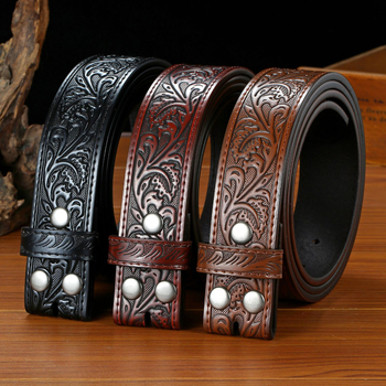 Valódi bőr öv levélrelief mintával, snap zárású, szélesség 2–4 cm, szabvány méret, eredet Yiwu