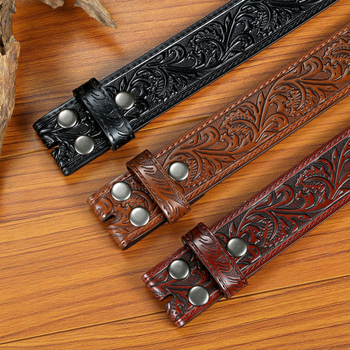 Valódi bőr öv levélrelief mintával, snap zárású, szélesség 2–4 cm, szabvány méret, eredet Yiwu