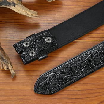 Valódi bőr öv levélrelief mintával, snap zárású, szélesség 2–4 cm, szabvány méret, eredet Yiwu