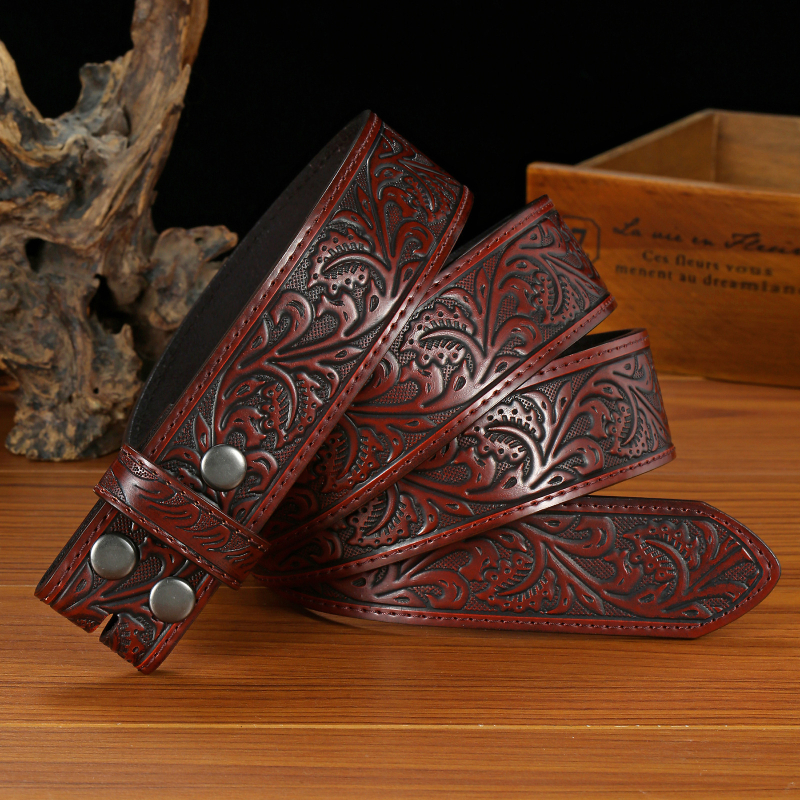 Valódi bőr öv levélrelief mintával, snap zárású, szélesség 2–4 cm, szabvány méret, eredet Yiwu