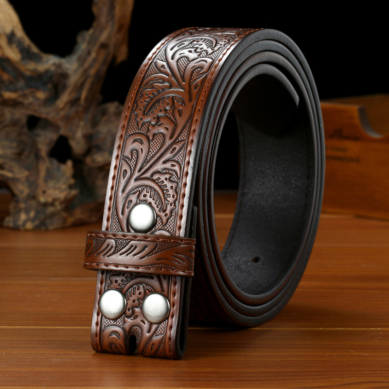 Valódi bőr öv levélrelief mintával, snap zárású, szélesség 2–4 cm, szabvány méret, eredet Yiwu