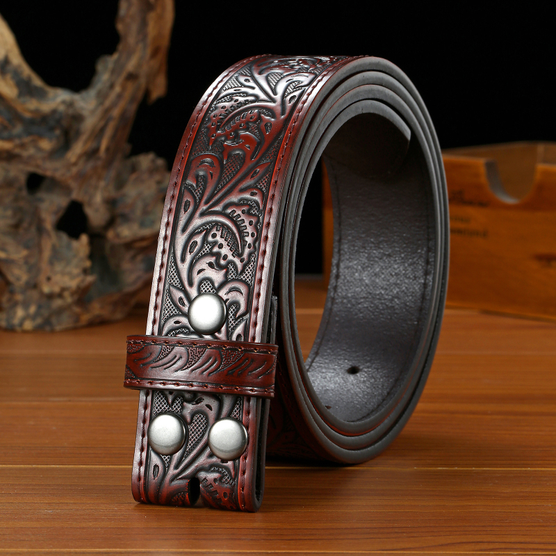 Valódi bőr öv levélrelief mintával, snap zárású, szélesség 2–4 cm, szabvány méret, eredet Yiwu