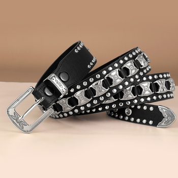 Centură din piele PU cu cataramă metalică, stil punk, închidere cu știft (Material: piele PU; Cataramă: aliaj; Închidere: știft; Stil: punk; Finisaj: antic)
