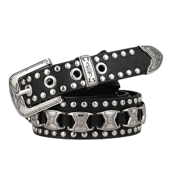 Centură din piele PU cu cataramă metalică, stil punk, închidere cu știft (Material: piele PU; Cataramă: aliaj; Închidere: știft; Stil: punk; Finisaj: antic)