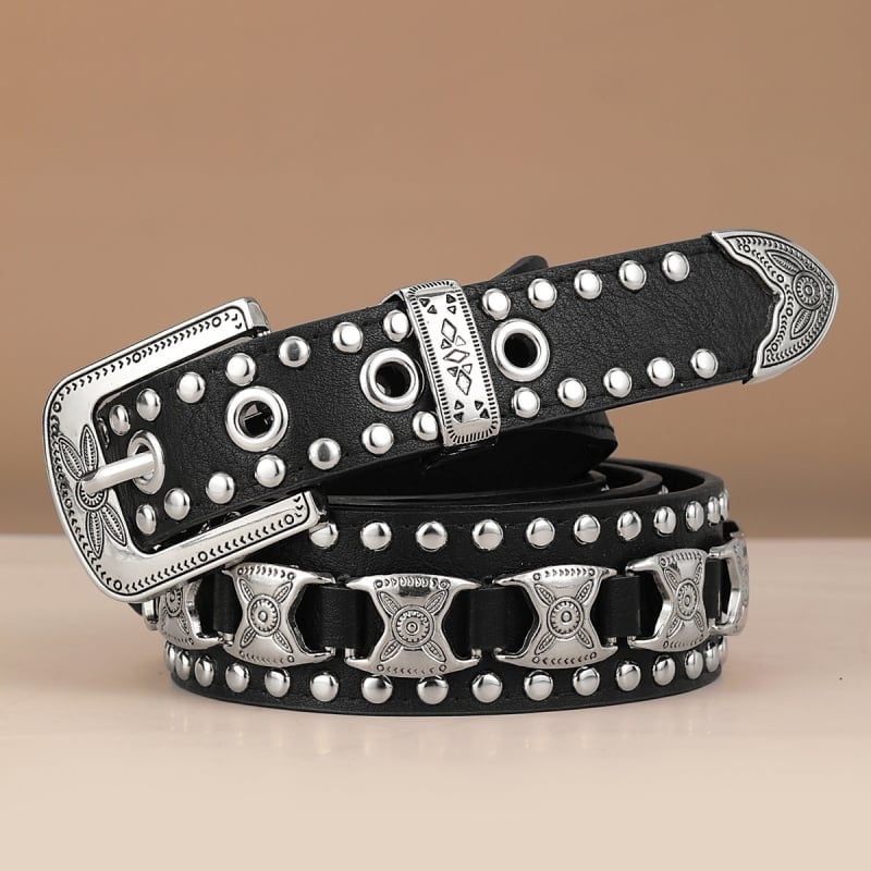 Centură din piele PU cu cataramă metalică, stil punk, închidere cu știft (Material: piele PU; Cataramă: aliaj; Închidere: știft; Stil: punk; Finisaj: antic)