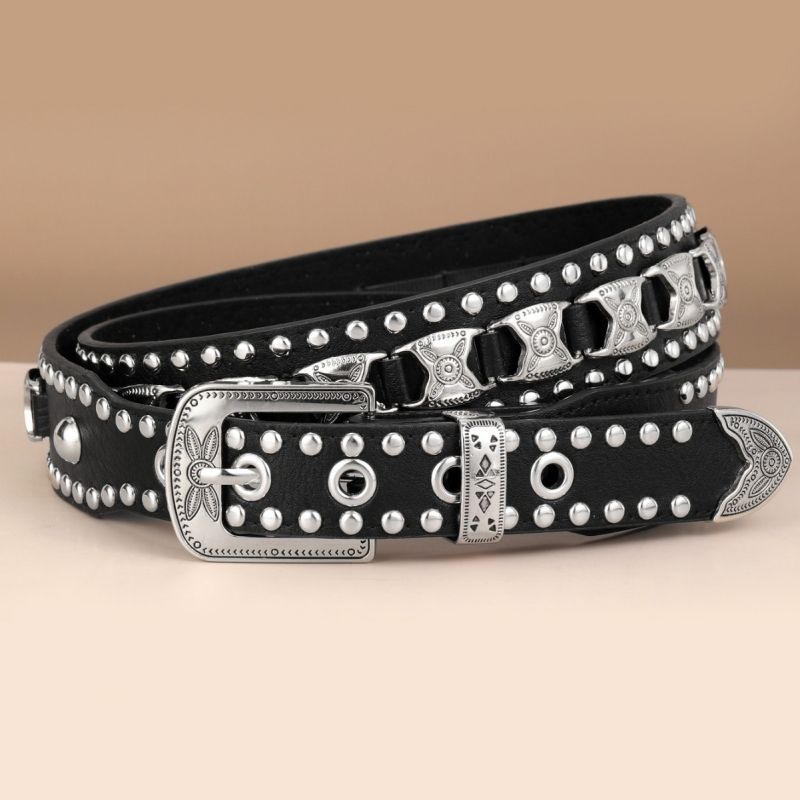 Centură din piele PU cu cataramă metalică, stil punk, închidere cu știft (Material: piele PU; Cataramă: aliaj; Închidere: știft; Stil: punk; Finisaj: antic)