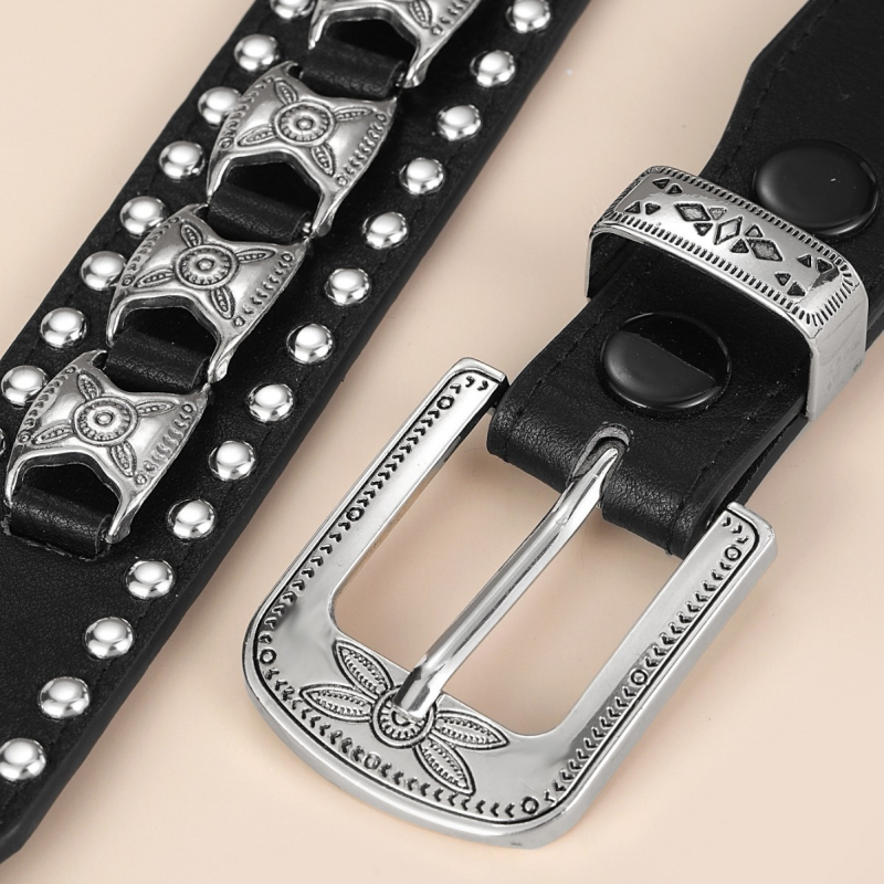 Centură din piele PU cu cataramă metalică, stil punk, închidere cu știft (Material: piele PU; Cataramă: aliaj; Închidere: știft; Stil: punk; Finisaj: antic)