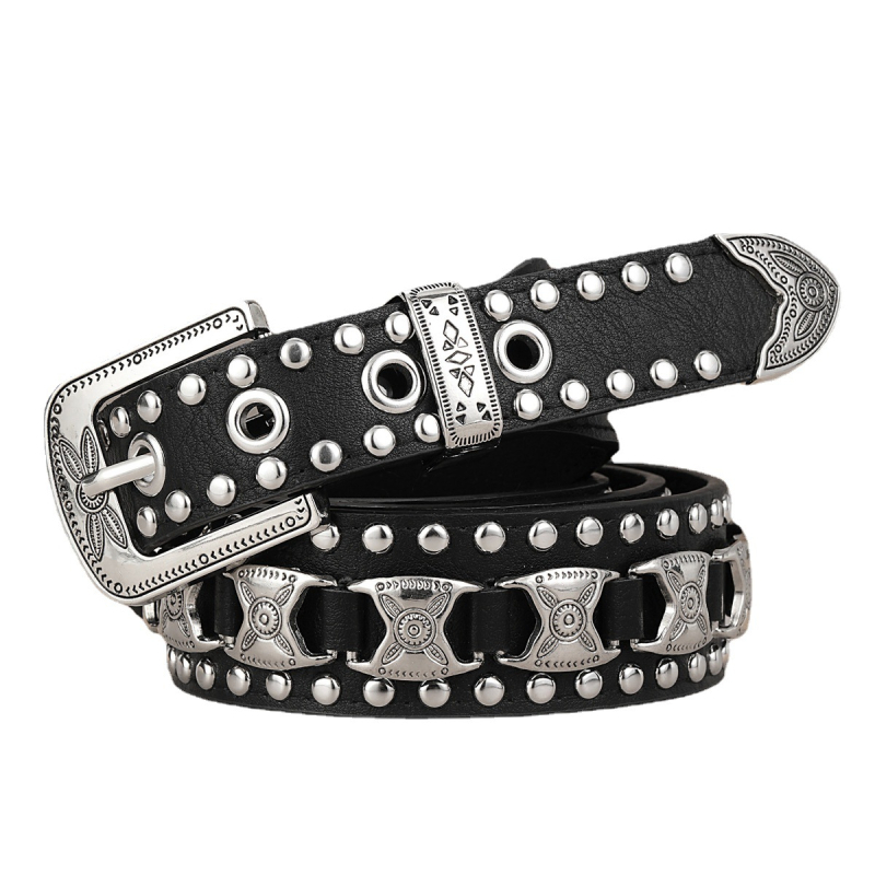 Centură din piele PU cu cataramă metalică, stil punk, închidere cu știft (Material: piele PU; Cataramă: aliaj; Închidere: știft; Stil: punk; Finisaj: antic)