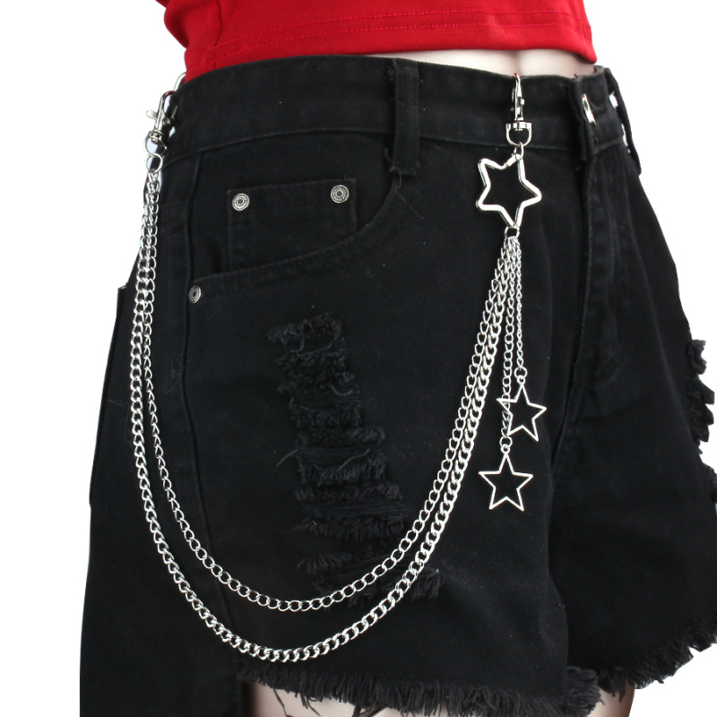 Unisex metalni kaiš za struk s izrezanim petokrakom zvijezdom, višeslojni metalni dodaci, hip-hop stil, duljina ispod 60 cm