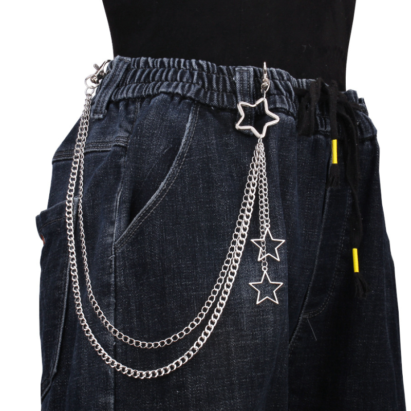 Unisex metalni kaiš za struk s izrezanim petokrakom zvijezdom, višeslojni metalni dodaci, hip-hop stil, duljina ispod 60 cm