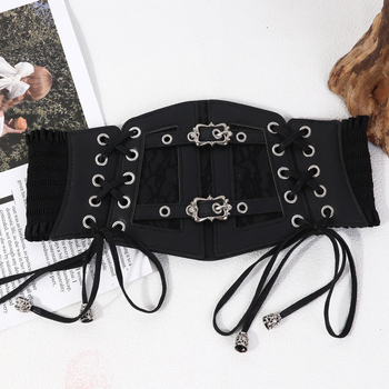 Bandă lată din PU cu dantelă — cataramă din fier, închidere Velcro, lățime peste 4 cm, tricot manual și model reliefat