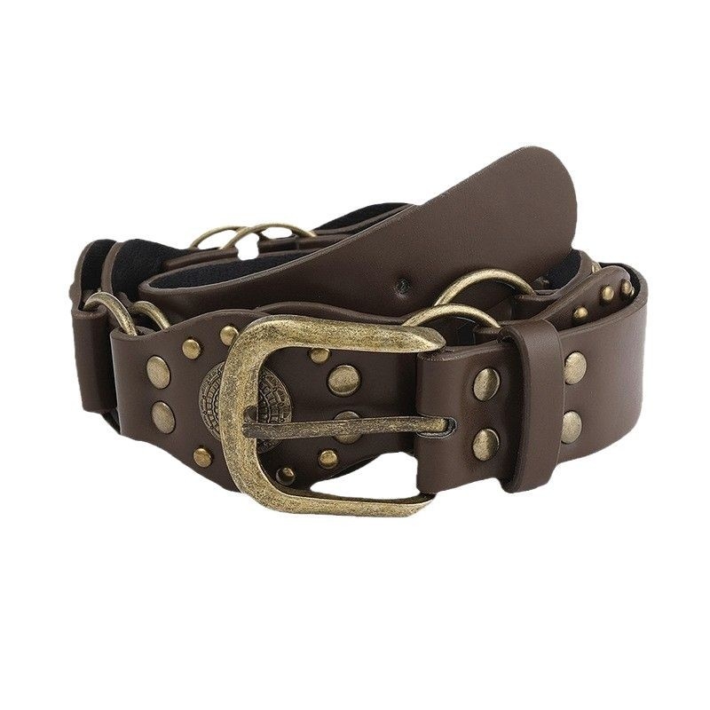 Široki ženski kaiš u punk stilu s rivetima i rupicama, od umjetne kože, metalna kopča od legure, kopčanje pin kopčom, širina 2–4 cm