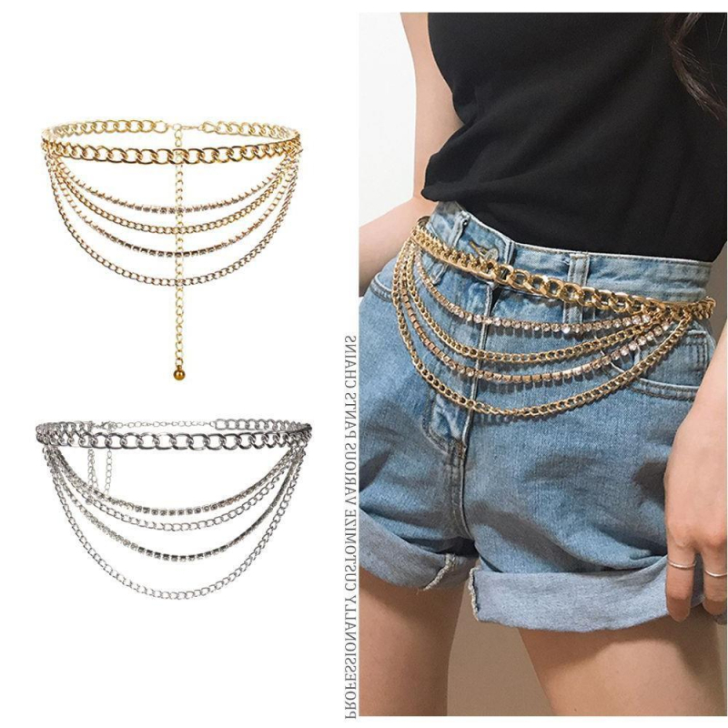 Γυναικεία ζώνη μέσης με πολυεπίπεδη γεωμετρική αλυσίδα από μέταλλο με κρύσταλλα, εξατομικεύσιμη