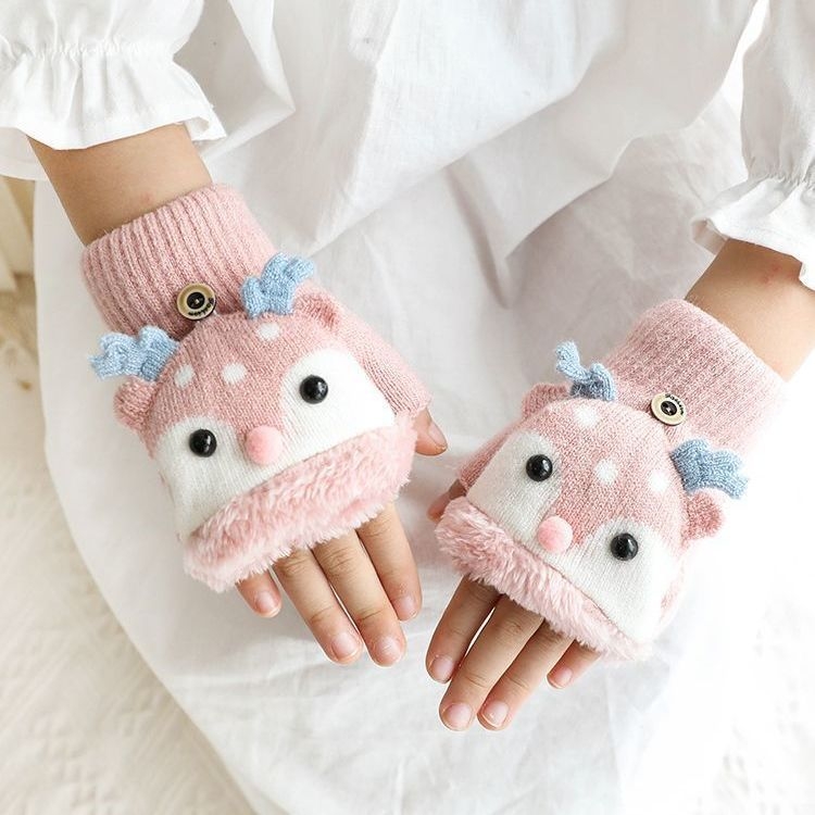 Παιδικά πλεκτά γάντια για τον χειμώνα με επένδυση φλις, μισό δάχτυλο, μοτίβο ελαφιού, για ηλικίες 3–9