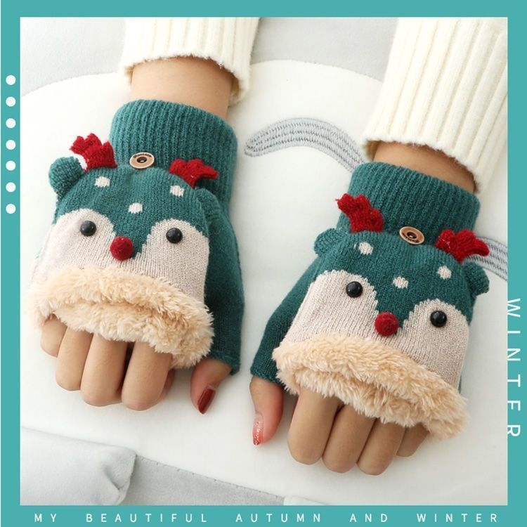 Παιδικά πλεκτά γάντια για τον χειμώνα με επένδυση φλις, μισό δάχτυλο, μοτίβο ελαφιού, για ηλικίες 3–9