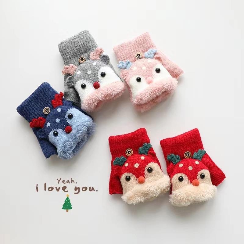 Παιδικά πλεκτά γάντια για τον χειμώνα με επένδυση φλις, μισό δάχτυλο, μοτίβο ελαφιού, για ηλικίες 3–9