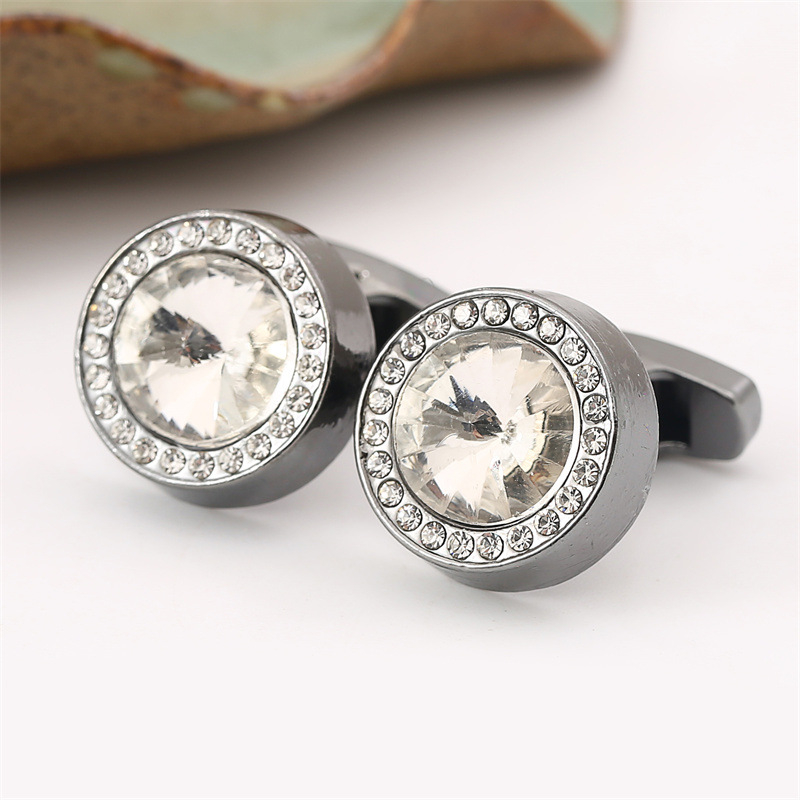 Медни копчета за ръкавели, Френски стил, унисекс, геометричен модел, с инкрустирани бели кристали