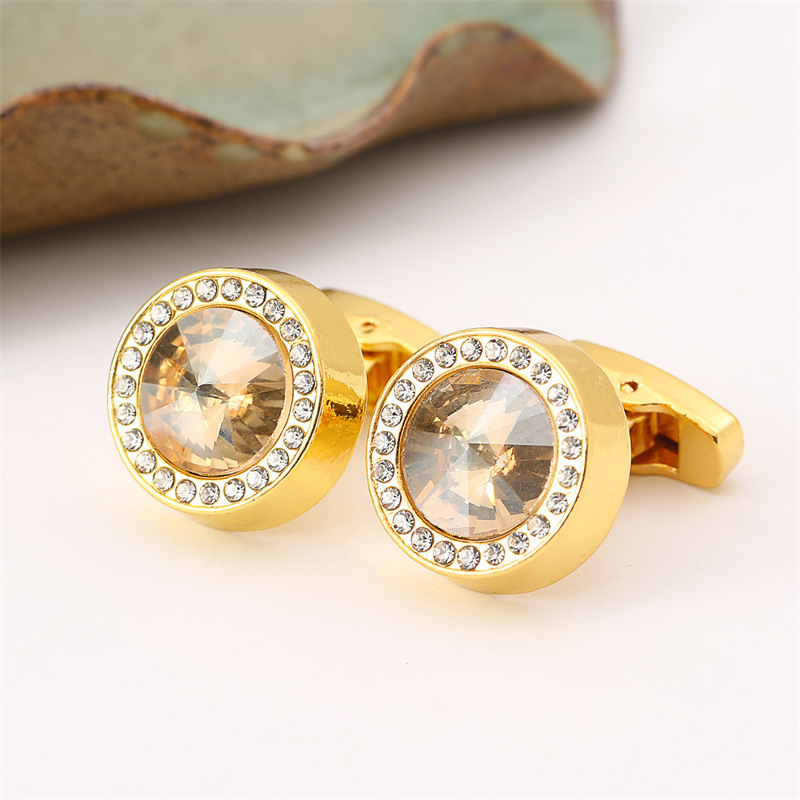 Медни копчета за ръкавели, Френски стил, унисекс, геометричен модел, с инкрустирани бели кристали