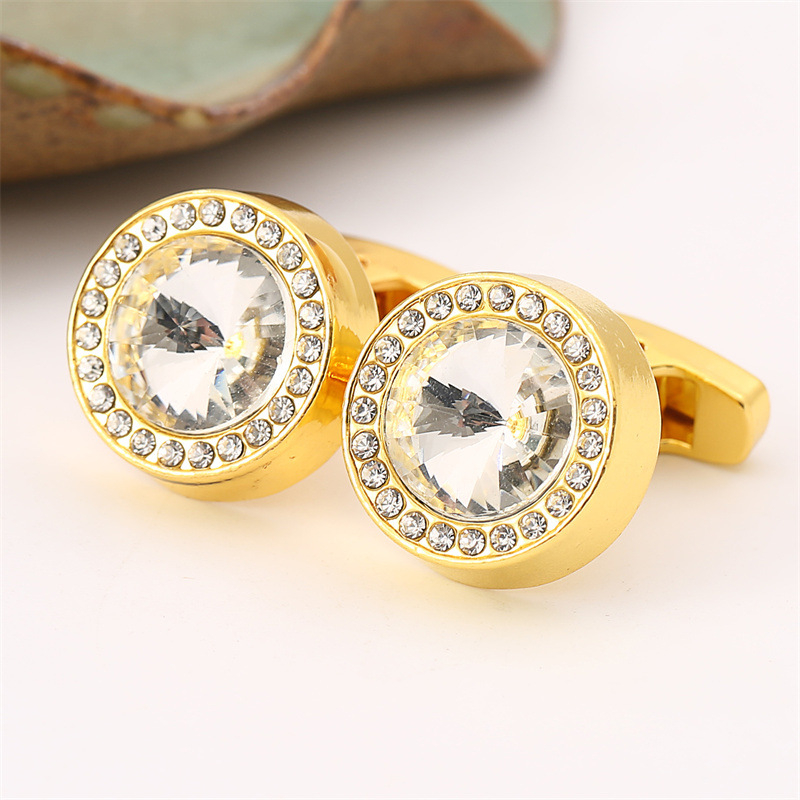 Медни копчета за ръкавели, Френски стил, унисекс, геометричен модел, с инкрустирани бели кристали