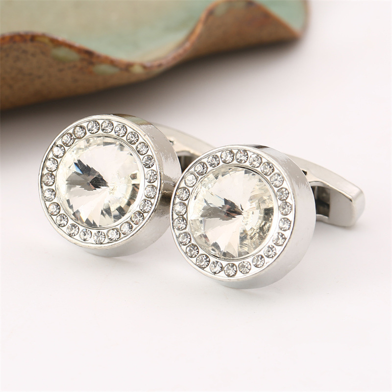 Медни копчета за ръкавели, Френски стил, унисекс, геометричен модел, с инкрустирани бели кристали