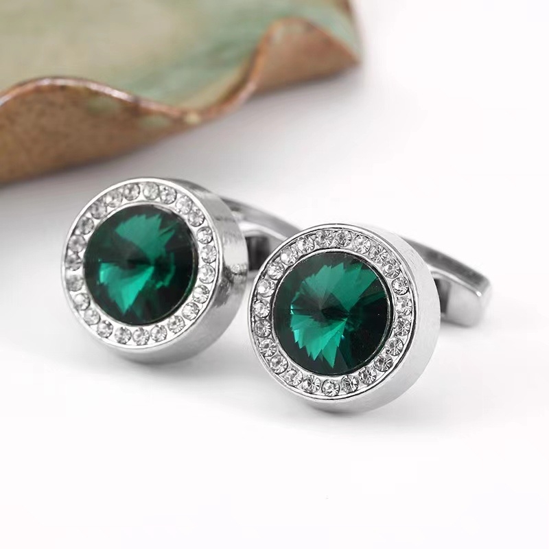 Медни копчета за ръкавели, Френски стил, унисекс, геометричен модел, с инкрустирани бели кристали