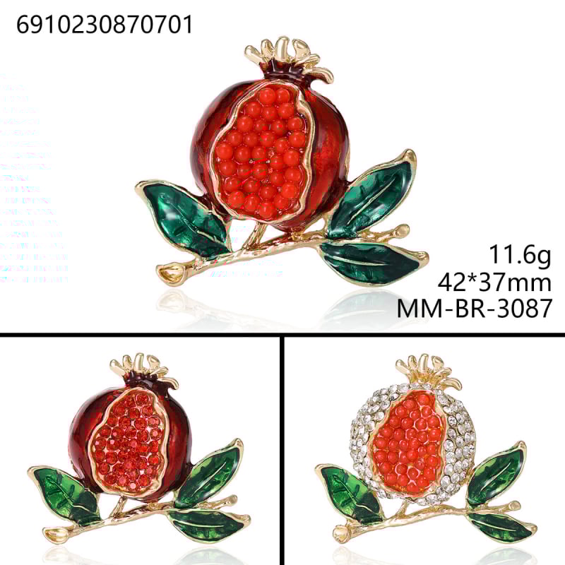 Broșă emailată cu cristale în formă de rodie pentru femei, bază din aliaj, montură diamantată, motiv fructe, modă office