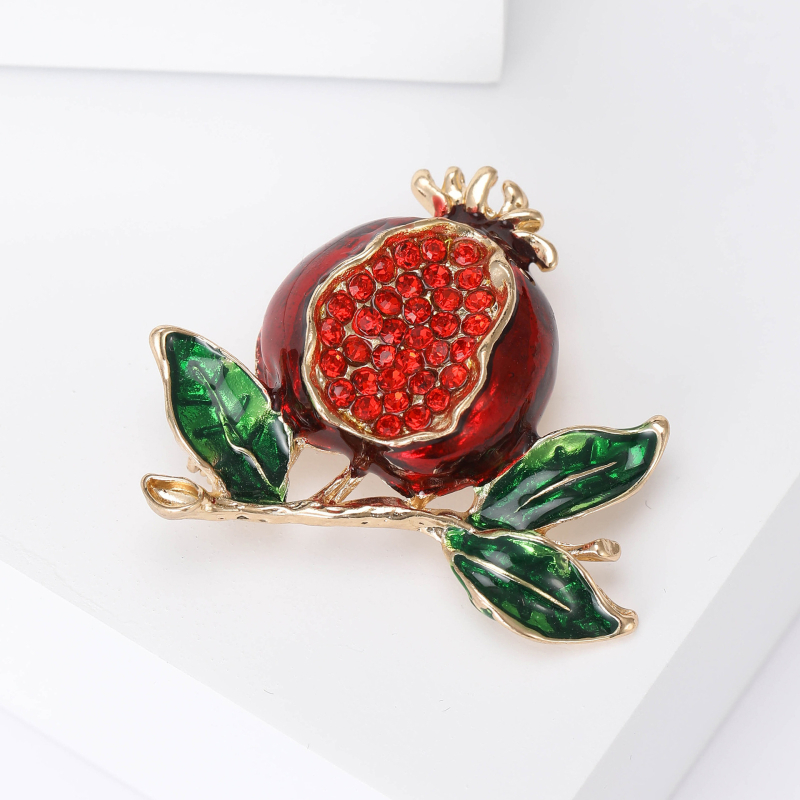 Broșă emailată cu cristale în formă de rodie pentru femei, bază din aliaj, montură diamantată, motiv fructe, modă office