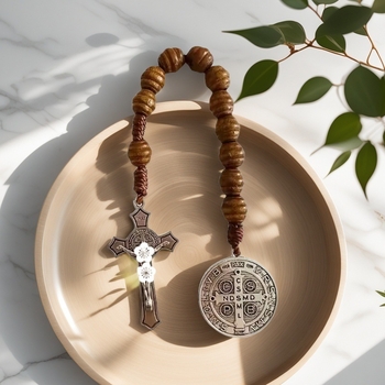 St. Benedek medállal ellátott rózsafüzér, ötvözet kereszttel és fa gyöngyökkel, fémből készült kivitelezés, 2025 tavasza