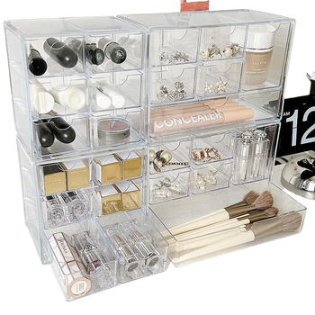 Σταντ κοσμημάτων, διαφανές ακρυλικό, προστασία από σκόνη, πολλαπλών επιπέδων με συρτάρι, επιτραπέζιος οργανωτής αποθήκευσης, χωρητικότητα 18 λίτρα