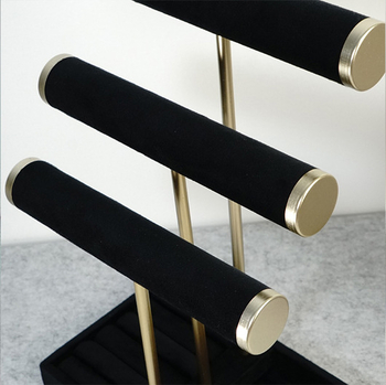 Στήριγμα κοσμημάτων, τριών επιπέδων, ξύλινη επένδυση με ύφασμα, βελούδινο εξωτερικό, κατασκευή με αρθρωτές συνδέσεις, πολυτελές στυλ