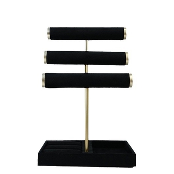 Στήριγμα κοσμημάτων, τριών επιπέδων, ξύλινη επένδυση με ύφασμα, βελούδινο εξωτερικό, κατασκευή με αρθρωτές συνδέσεις, πολυτελές στυλ