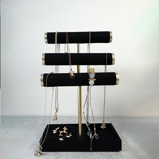 Stalak za nakit, troredni, drveni okvir prekriven tkaninom, baršunasti vanjski pokrov, spojna konstrukcija, luksuzan stil