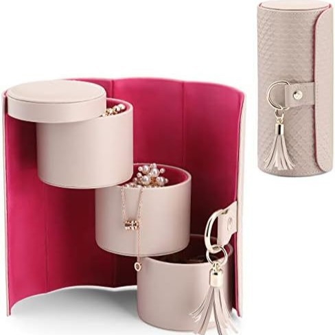 Δερμάτινο κυλινδρικό κουτί κοσμημάτων, τριών επιπέδων αποθήκευση, φορητό ταξιδιωτικό κουτί κοσμημάτων, διπλού στρώματος δέρμα