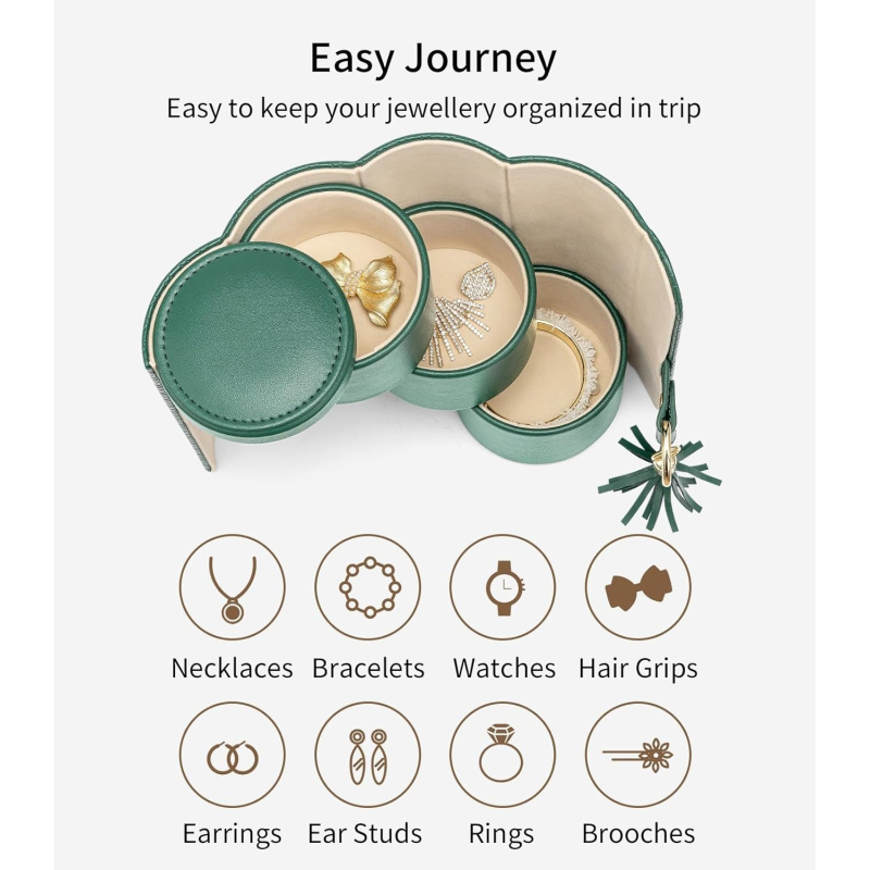 Δερμάτινο κυλινδρικό κουτί κοσμημάτων, τριών επιπέδων αποθήκευση, φορητό ταξιδιωτικό κουτί κοσμημάτων, διπλού στρώματος δέρμα