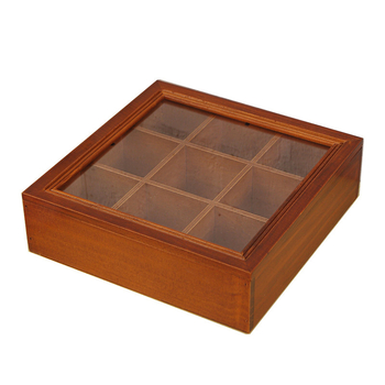 Κουτί αποθήκευσης κοσμημάτων με εννιά διαμερίσματα σε τετράγωνη διάταξη; ξύλινο υλικό; κουτί συσκευασίας.