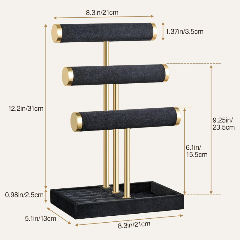 Trojedijelni stalak za nakit – ručno izrađeni metalni stalak, organizator za ogrlice i narukvice, luksuzan stil