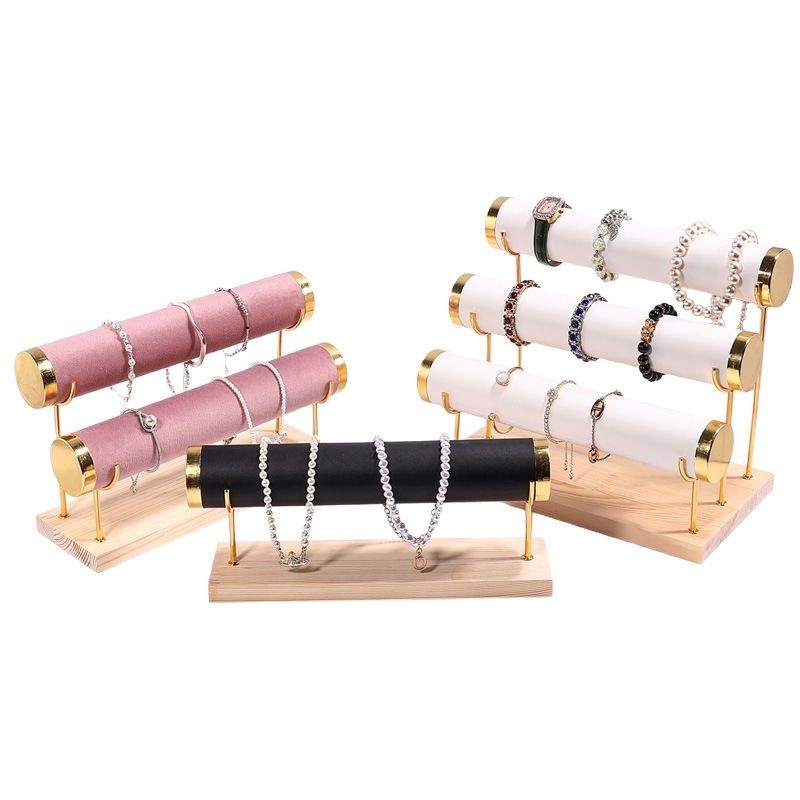 Ξύλινο τριώροφο εκθετήριο για βραχιόλια, σχεδίαση βήματος, οργανωτής κοσμημάτων