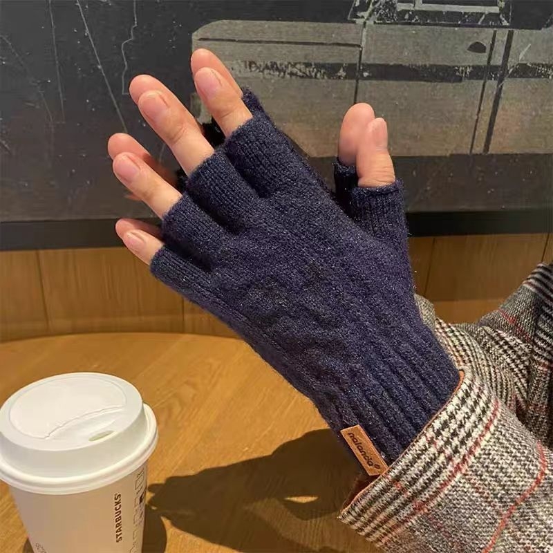 Γάντια με μισά δάχτυλα – πλεκτά, συμβατά με οθόνη αφής, ζεστά, ανθεκτικά στον άνεμο, Jacquard μοτίβο, μονόχρωμα, χειμώνας, unisex