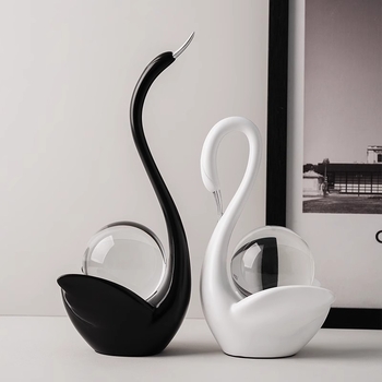 Art Deco διακοσμητικό για TV έπιπλο — ρητίνη, κύκνος με κρυστάλλινη σφαίρα, χειροποίητο, Σκανδιναβικό στυλ, δώρο γενέθλιων και Χριστουγέννων