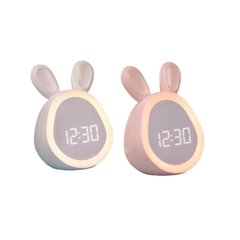 Zuikio formos žadintuvas, LED skaitmeninis ekranas, maitinamas baterijomis, animacinio stiliaus, naktinė lemputė