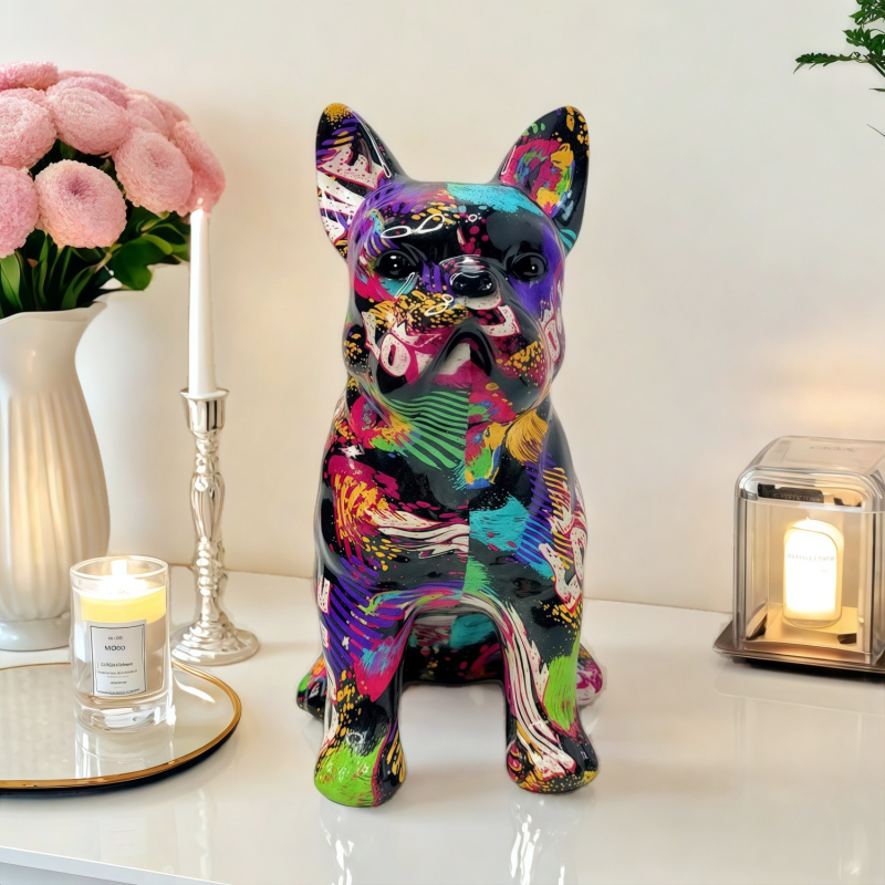 Figurină din rășină cu bulldog, stil graffiti, decor pentru vitrina de vin acasă și la birou