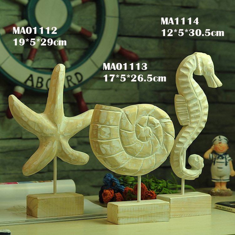 Paulownia drvene ukrasne figure u mediteranskom stilu, ručno izrezbarene: morski konj, školjka, morska zvijezda