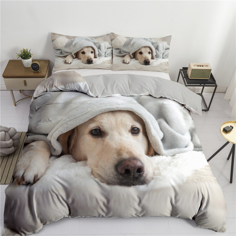 Trīsdzēļu gultas veļas komplekts suņiem ar digitālo drukāšanu, karikatūras motīvs, ziemeļu stils, 90 g/m², pirmās klases kvalitāte