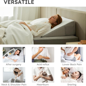 Klininė pagalvė lovos galvūgiui — refliukso palengvėjimas, miegas, nugaros parama; atminties putų užpildas, poliesterio apvalkalas, vieno tono raštas; užpildas 90–100%